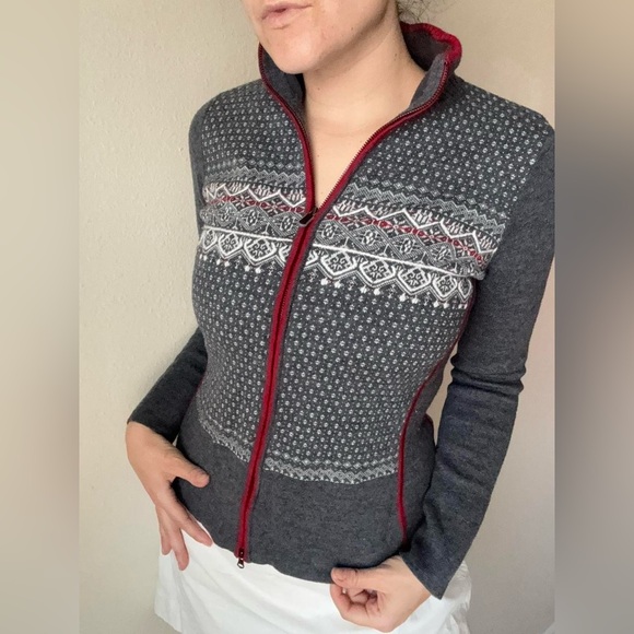 Eddie Bauer sport 100% merino wool fair isle Nordic zip Cardigan sz M gray red - Picture 1 of 5
